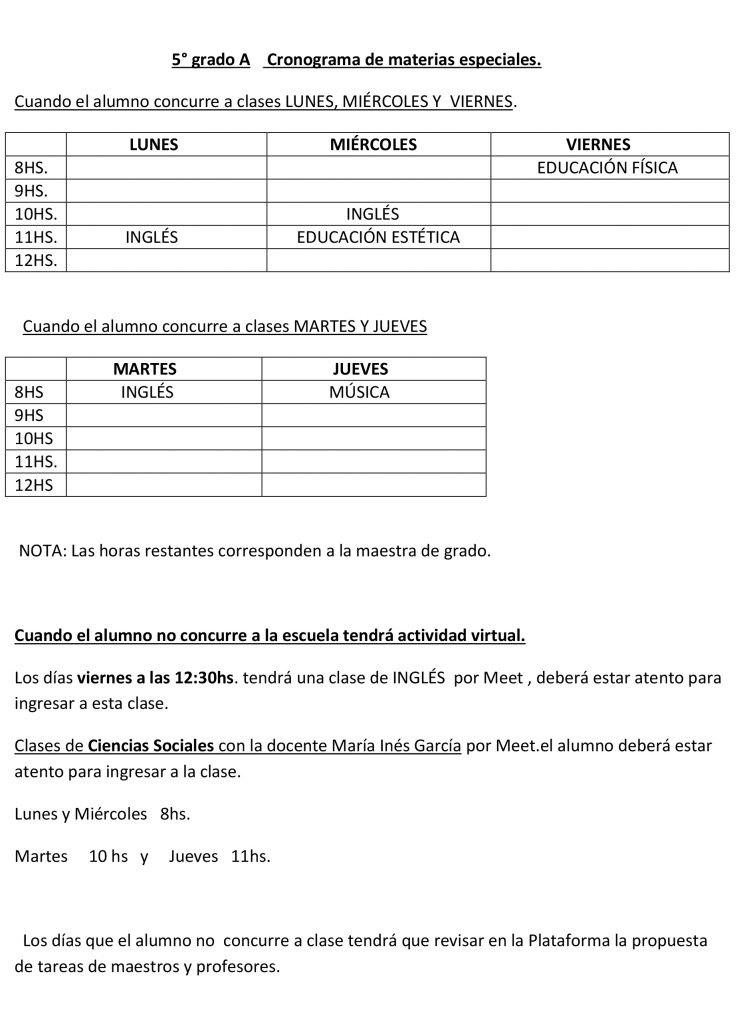 5°A MATERIAS ESPECIALES